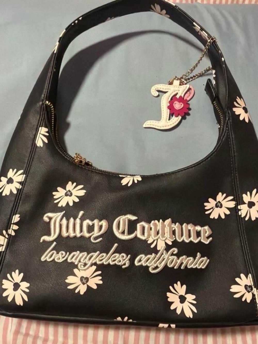 Juicy Couture Black Shoulder Bag with Cream Daisy Print